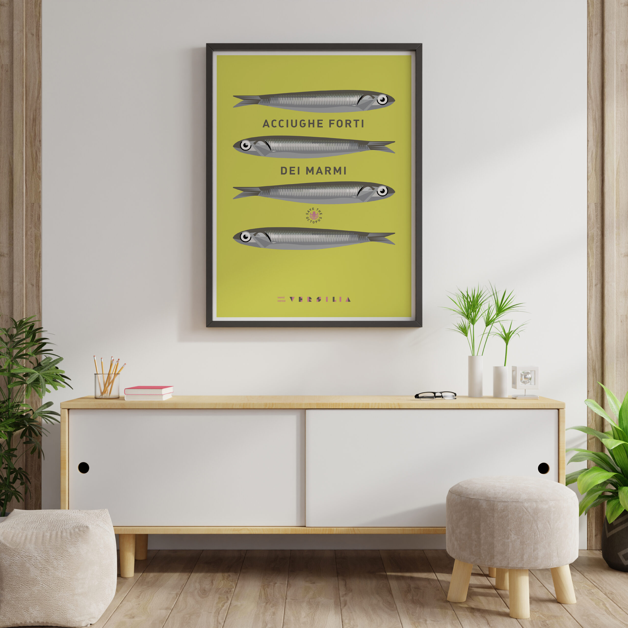 Mock up poster frame on cabinet in interior.3d rendering