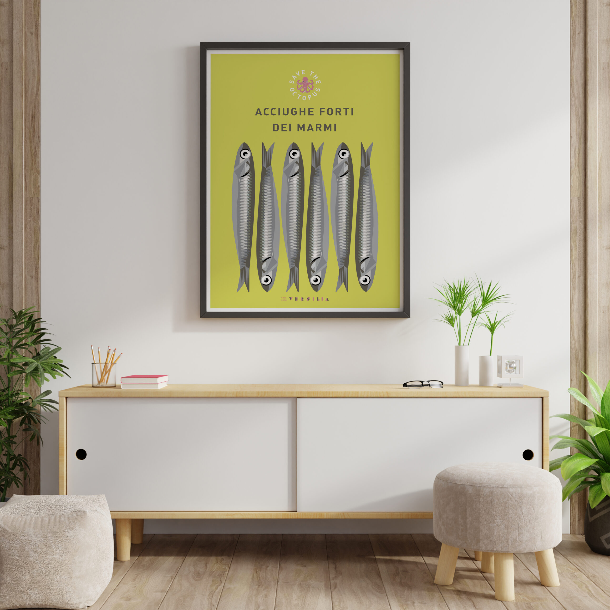 Mock up poster frame on cabinet in interior.3d rendering
