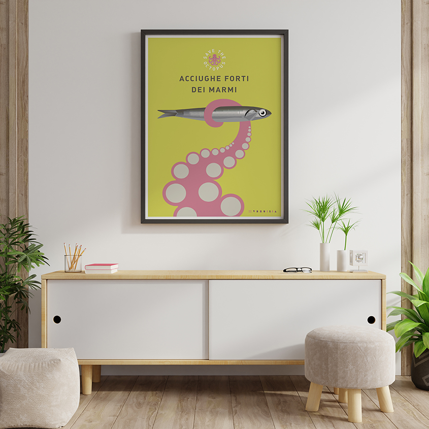 Mock up poster frame on cabinet in interior.3d rendering